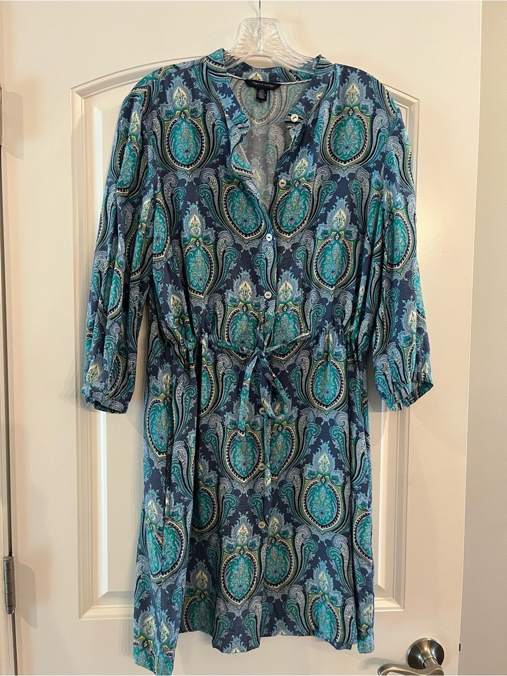 Tommy Hilfiger Paisley Button-Front Shirt Dress in Teal & Navy